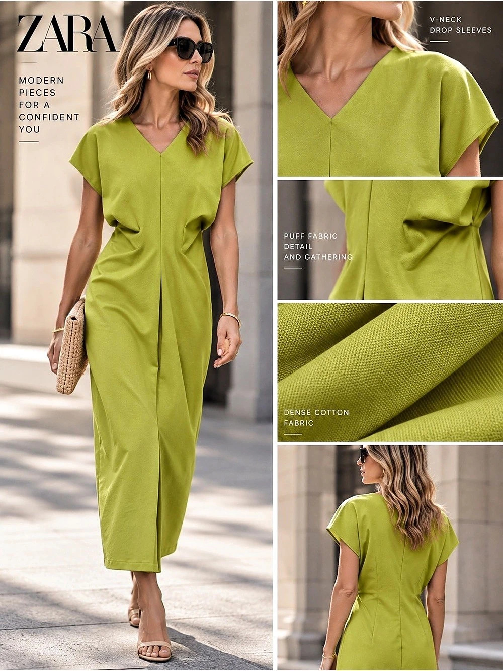 Zara Lime Green Heavy Cotton Voluminous Draped Maxi Dress S NWT